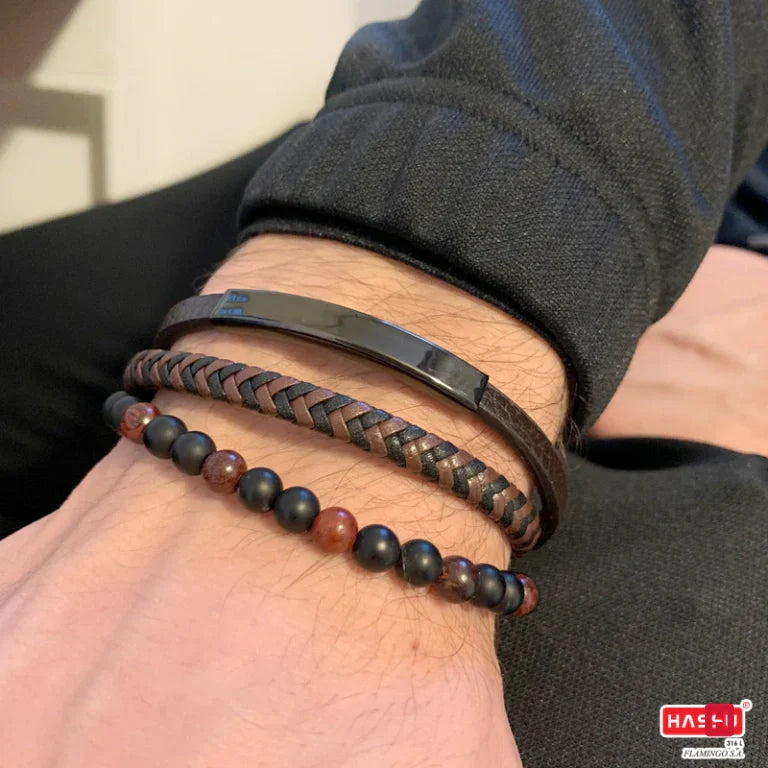 Bracelet Homme Triple Acier Rhodié Noir, Cuir Marron et Pierres Naturelles
