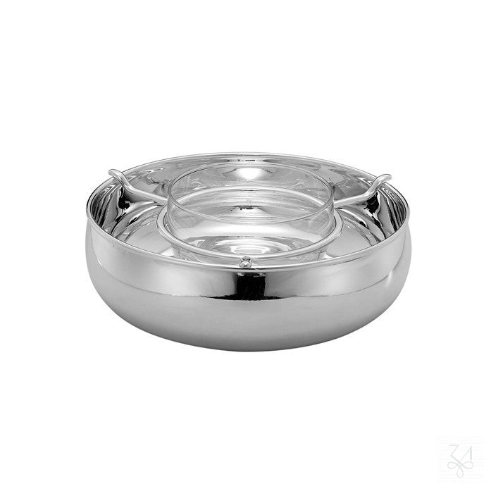 Caviarera redonda lisa de plata con cuenco de cristal y canal para hielo