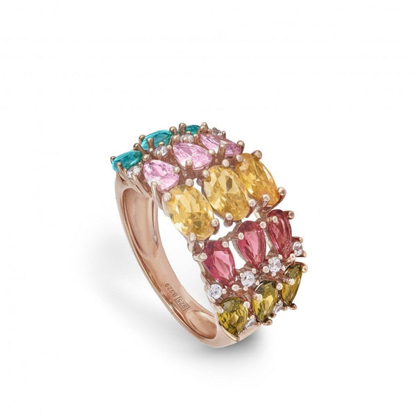 Ring with colored stones and arch in cool tones