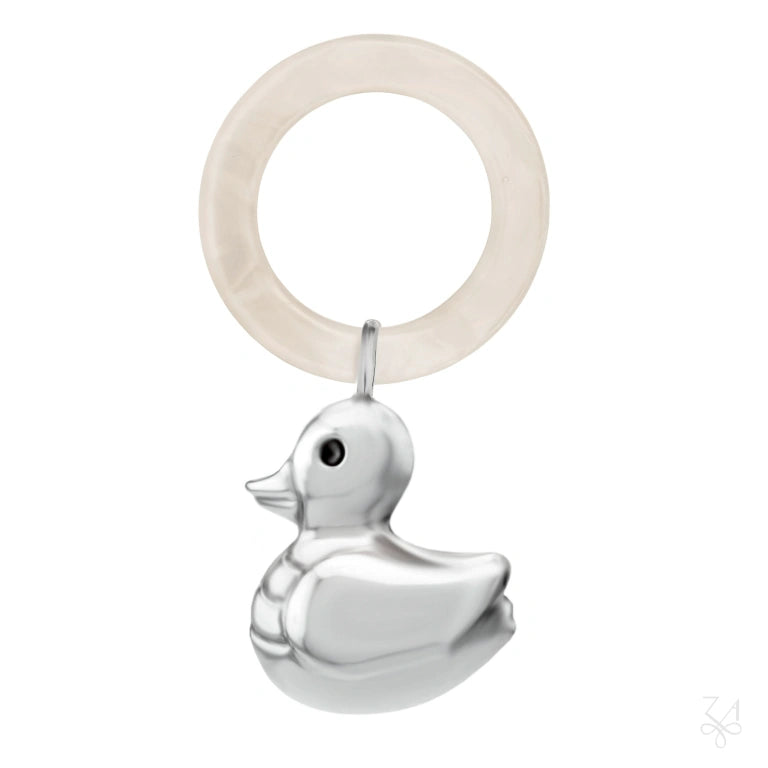 Sonajero de bebé de plata de ley con patito y anilla mordedor