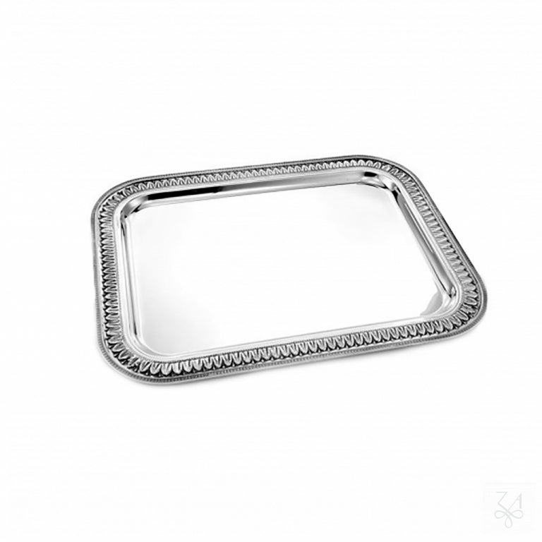 Bandeja rectangular Imperio Perlinato de plata de ley 925 con borde de gallones sin asas