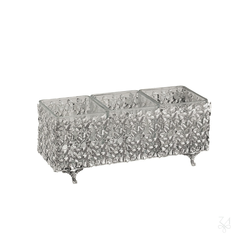 Centro de mesa rectangular calado floral de plata de ley 925 con tres recipientes de cristal
