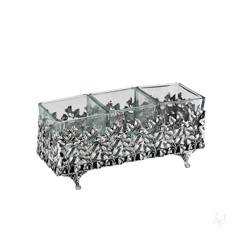 Centro de mesa rectangular calado de plata de ley 925 con tres recipientes de cristal