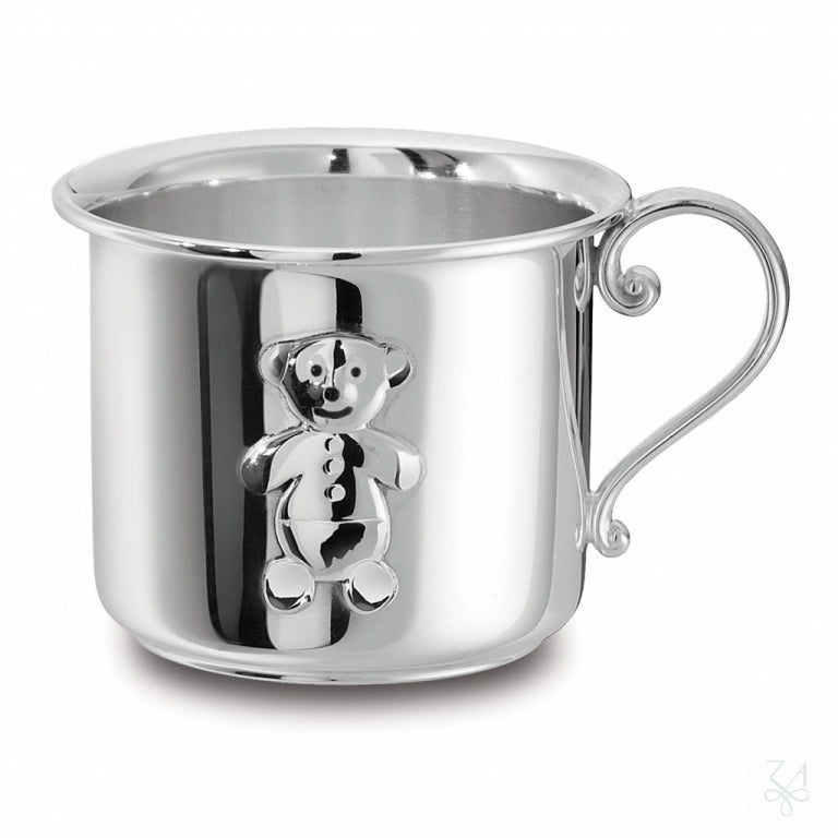 Taza de bebé con asa de plata de ley con osito Kikko en relieve