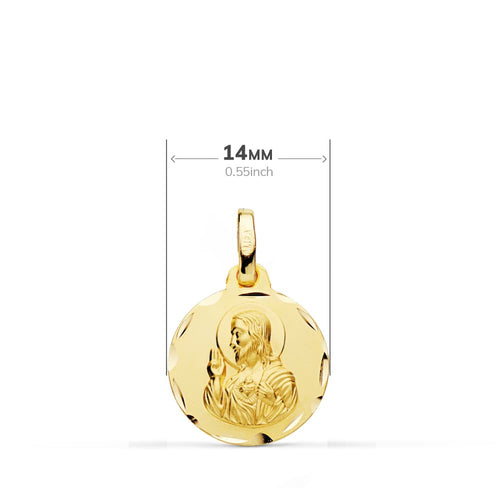 18K Escapulario Tallado Virgen Del Carmen Corazon De Jesus 14 mm