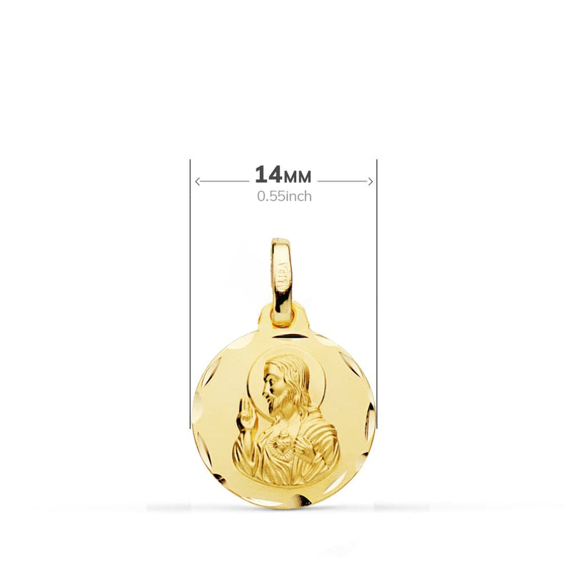 18K Escapulario Tallado Virgen Del Carmen Corazon De Jesus 14 mm