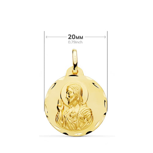 18K Escapulario Tallado Virgen Del Carmen Corazon De Jesus 20 mm