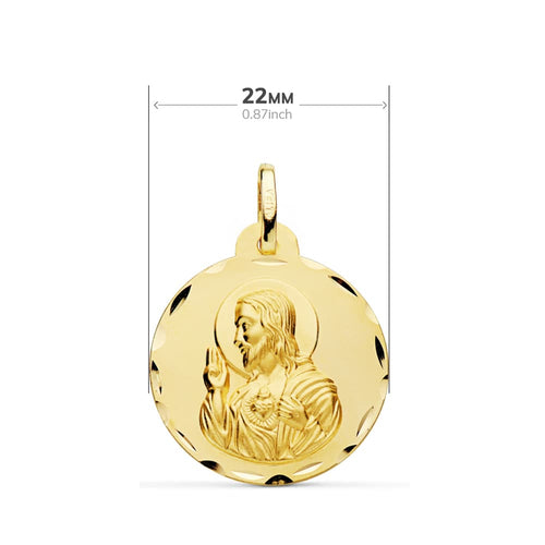 18K Escapulario Tallado Virgen Del Carmen Y Corazon De Jesus 22 mm