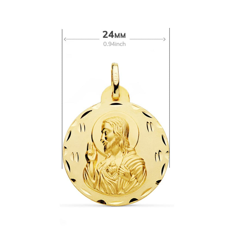 18K Escapulario Tallado Virgen Del Carmen Y Corazon De Jesus 24 mm