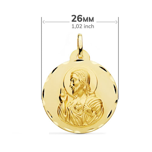 18K Escapulario Tallado Virgen Del Carmen Y Corazon De Jesus 26 mm