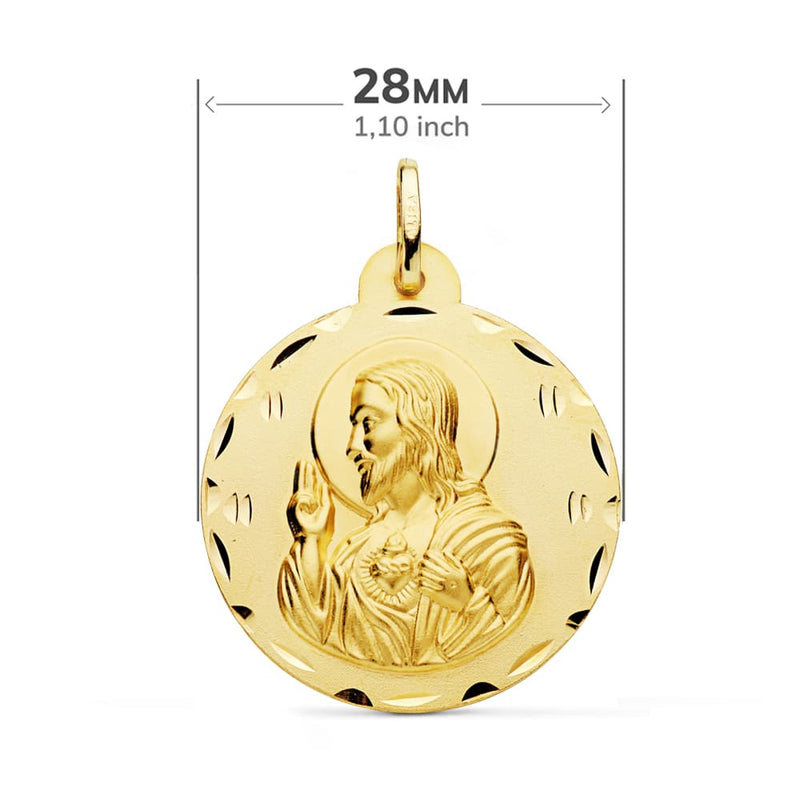 18K Escapulario Tallado Virgen Del Carmen Y Corazon De Jesus 28 mm