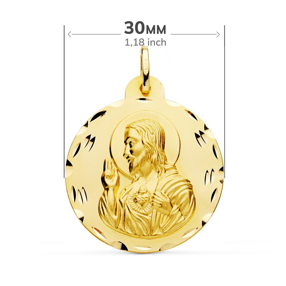 18K Carved Scapular Virgin of Carmen Heart of Jesus 30 mm