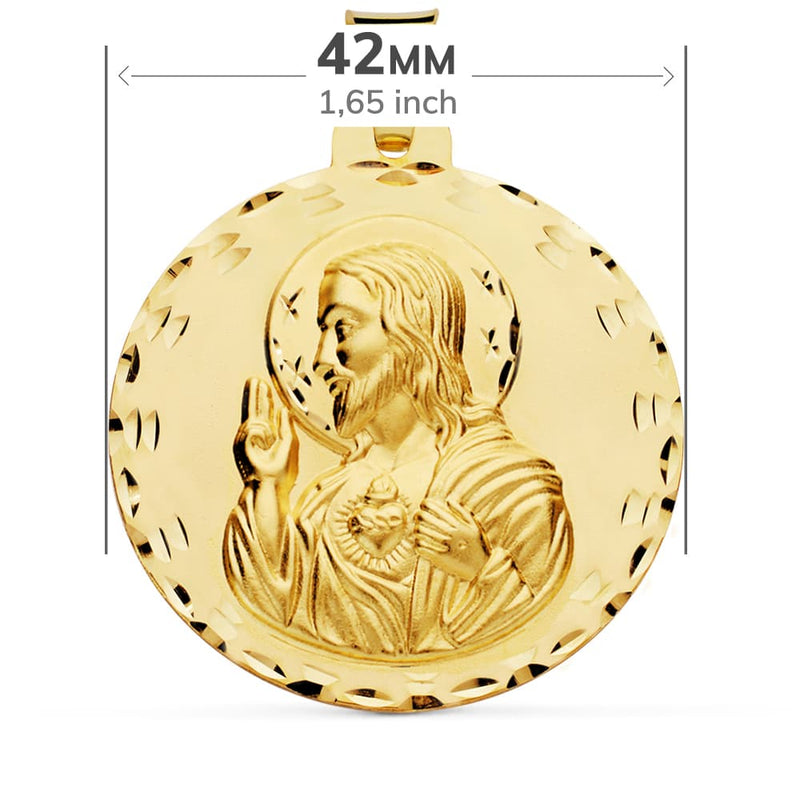 18K Escapulario Tallado Virgen Del Carmen Y Corazon De Jesus 42 mm