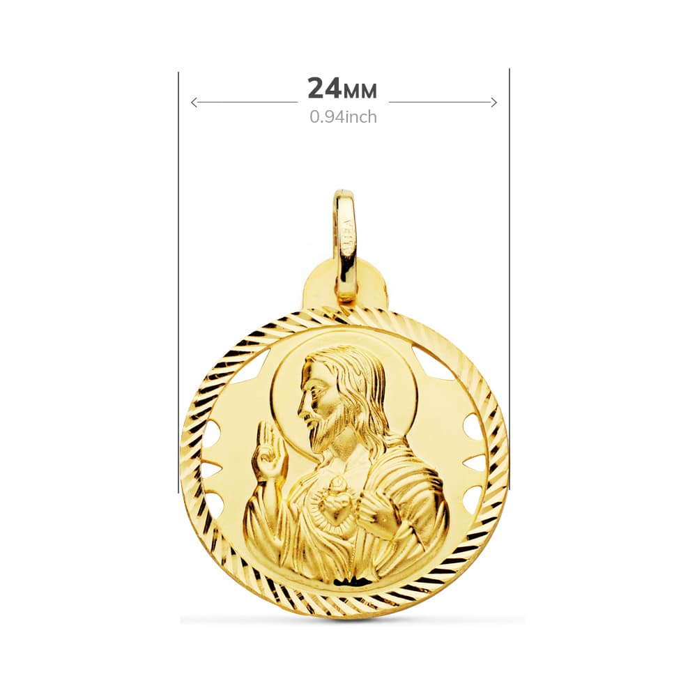 18K Escapular Helix Cut Virgin Carmen And Heart Of Jesus 24 mm