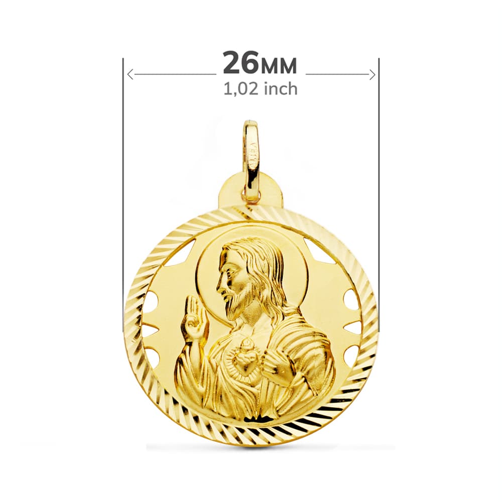 18K Escapular Helix Cut Virgin Carmen And Heart Of Jesus 26 mm