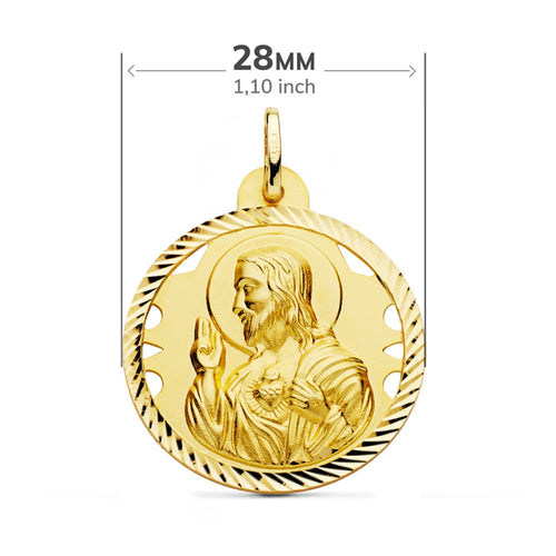 18K Escapulario Helice Calado Virgen Carmen Y Corazon De Jesus 28 mm