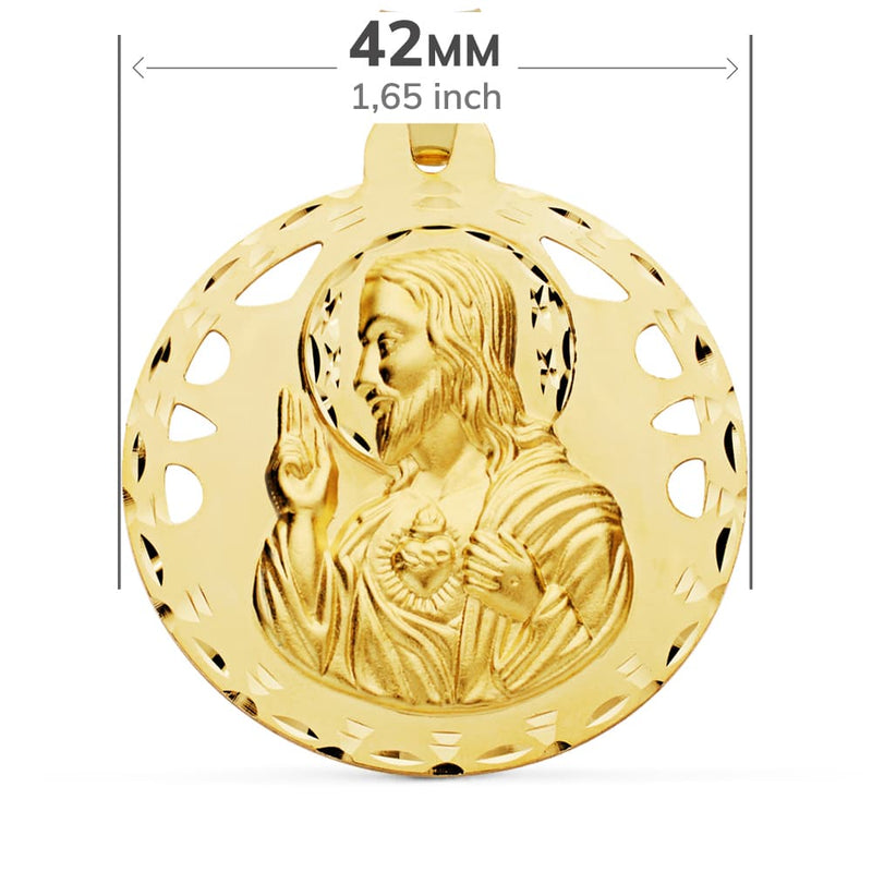 18K Openwork Carved Scapular of the Virgin of Carmen and the Heart of Jesus 42 mm