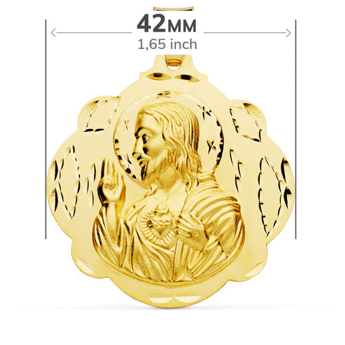 18K Scapular Tambourine Virgin of Carmen and Heart of Jesus 42 mm