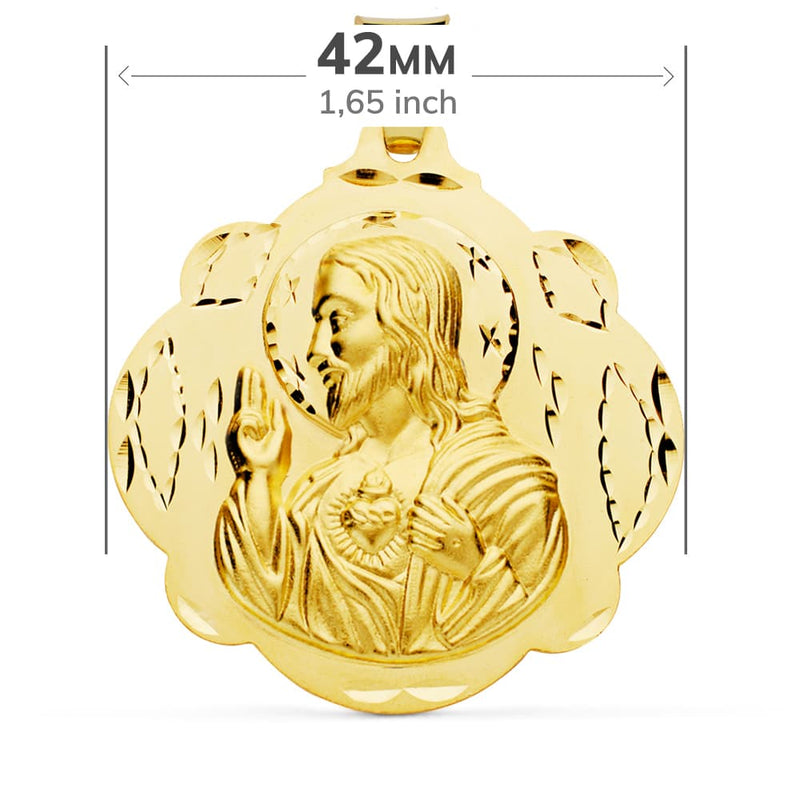 18K Escapulario Pandereta Virgen Del Carmen Y Corazon De Jesus 42 mm