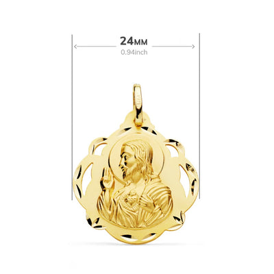 18K Escapulario Oro Amarillo Virgen Del Carmen Y Corazon De Jesus Pandereta Calada 24 mm