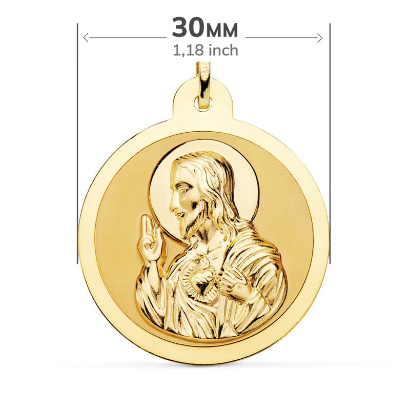 18K Escapulario Brillo Virgen Del Carmen Y Corazon De Jesus 30 mm