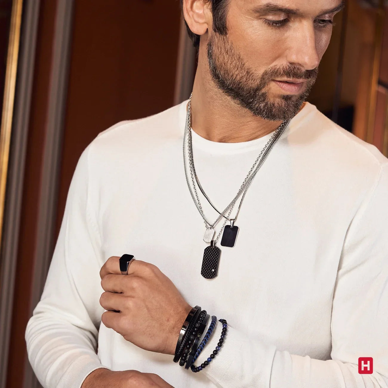 Men's Triple Bracelet Black Rhodium Steel, Black Leather and Natural Stones