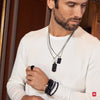Bracelet Triple Homme Acier Rhodié Noir, Cuir Noir et Pierres Naturelles