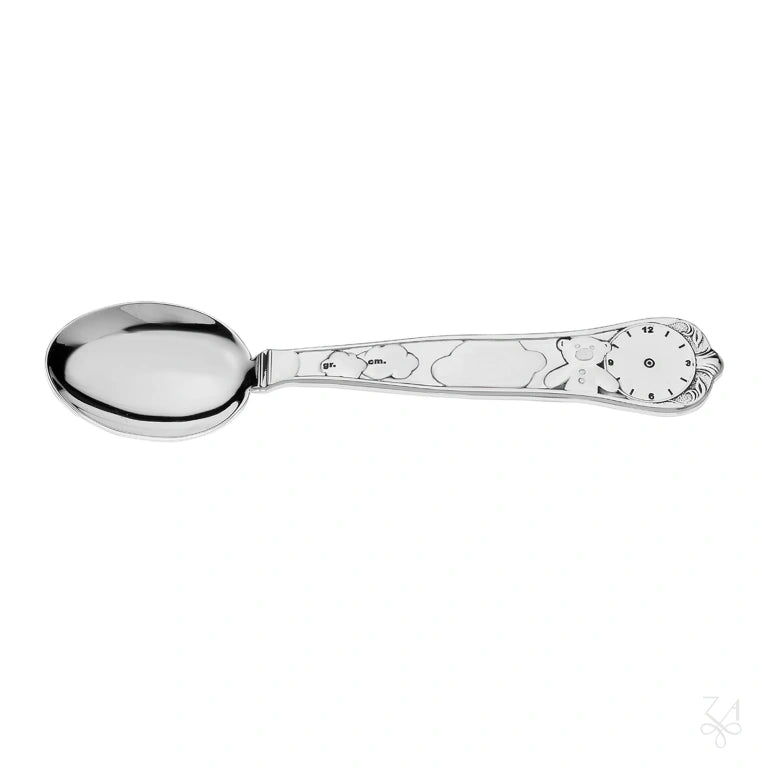 Cuchara de bebé de plata de ley con motivo de osito y reloj en el mango