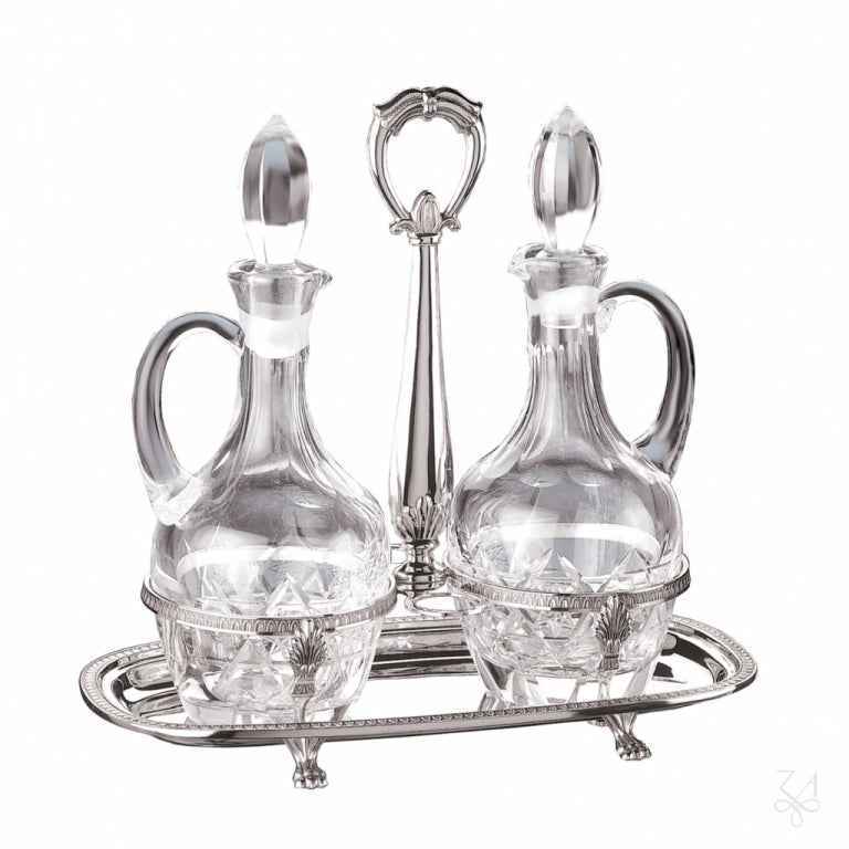 Aceitera y vinagrera modelo Impero stadium de plata de ley 925 con botellas de cristal tallado
