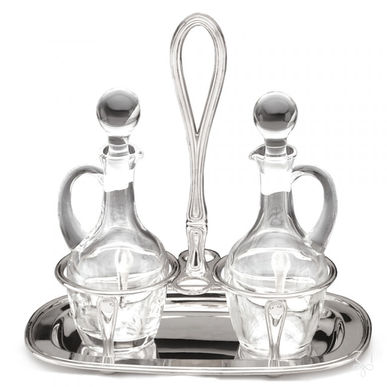 Aceitera y vinagrera modelo Inglés stadium de plata de ley 925 con botellas de cristal