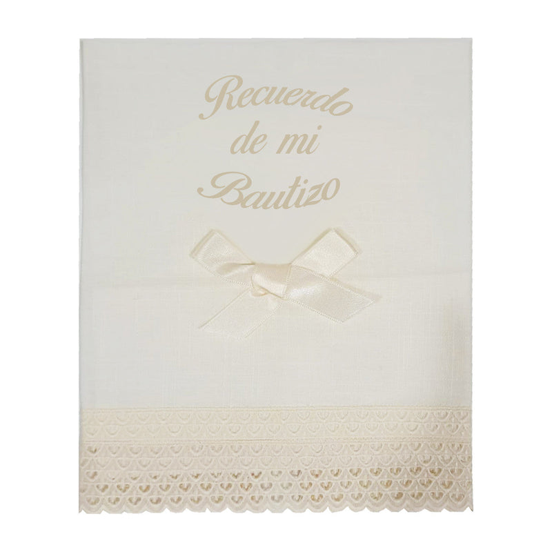 Baptism Pack Candle with Bow, Linen Cloth and Silver Roma Shell without Cross 