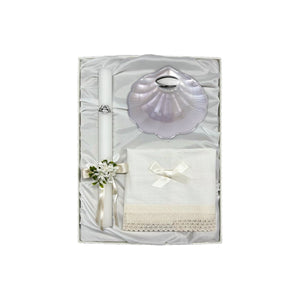 Baptism Pack Candle with Bow, Linen Cloth and Mother-of-Pearl Baptismal Shell 