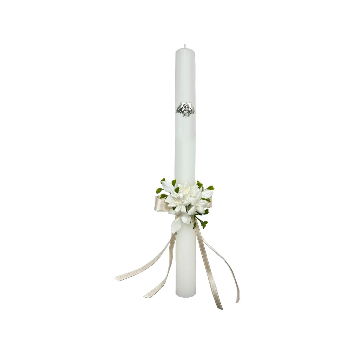 Baptism Pack Candle with Bow, Linen Cloth and Silver Plated Mother-of-Pearl Baptismal Shell 