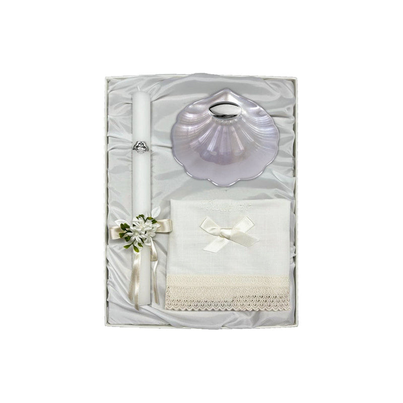 Baptism Candle Pack with Bow, Linen Cloth and Nacre Baptismal Shell 