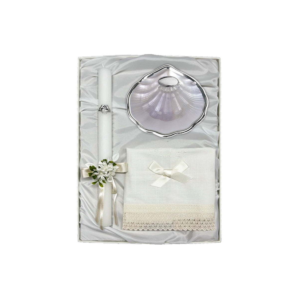 Baptism Pack Candle with Bow, Linen Cloth and Silver Plated Mother-of-Pearl Baptismal Shell 