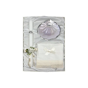 Baptism Pack Candle with Bow, Linen Cloth and Silver Plated Mother-of-Pearl Baptismal Shell 