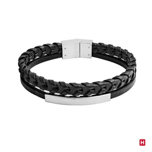 Men's Steel and Double Black Leather Bracelet with New Way Plate