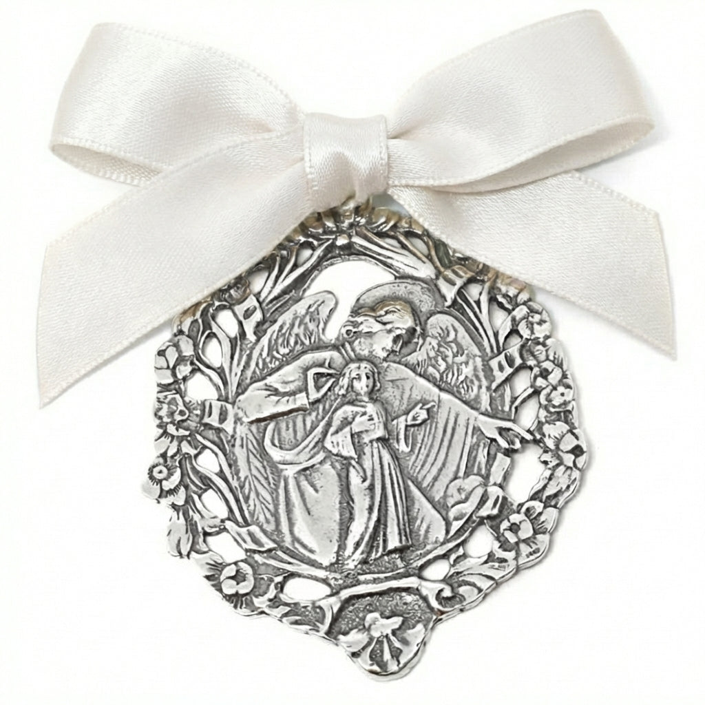 Silver Crib Medal with Openwork Guardian Angel 