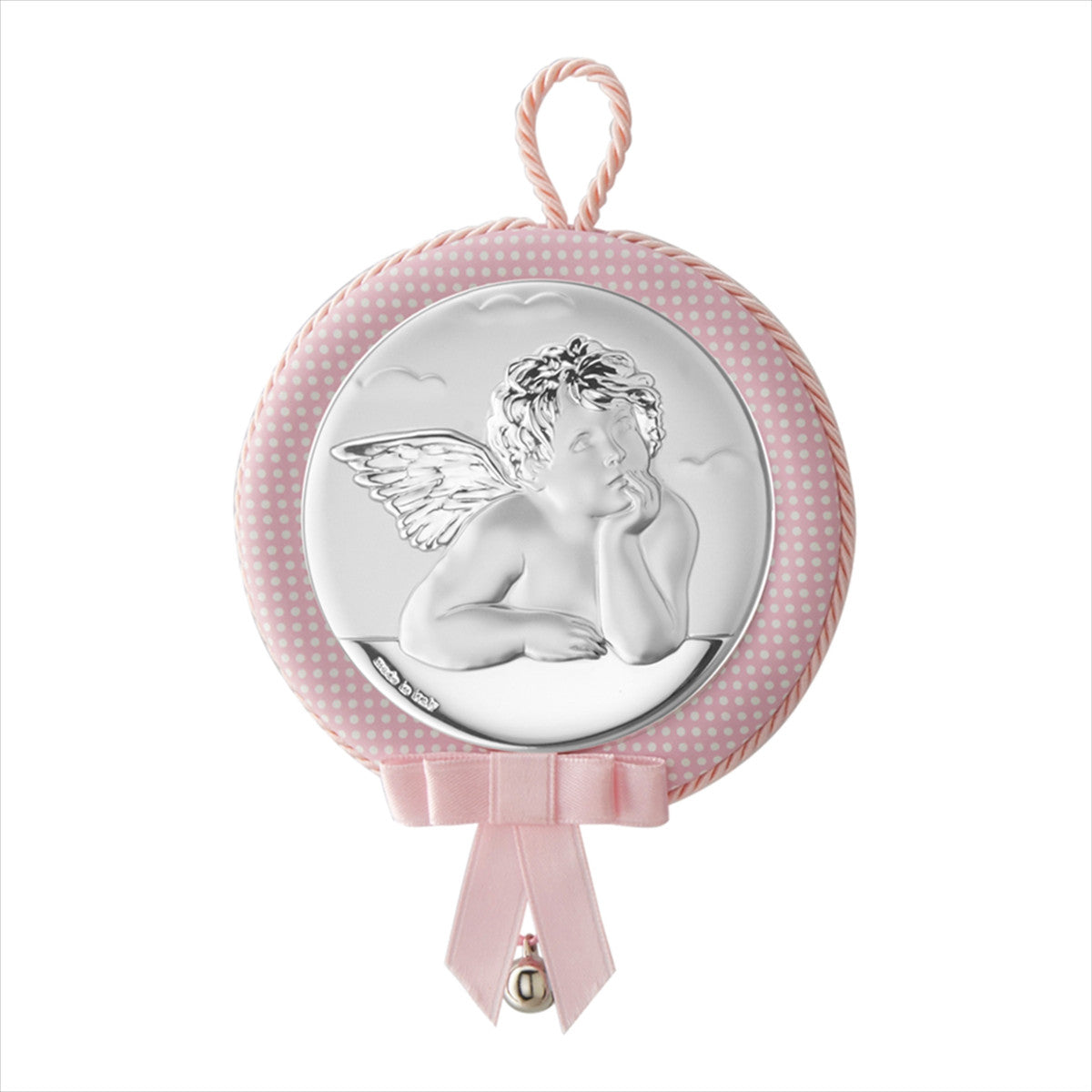 Silver Crib Medallion Angel Rafael with Bow and Bell