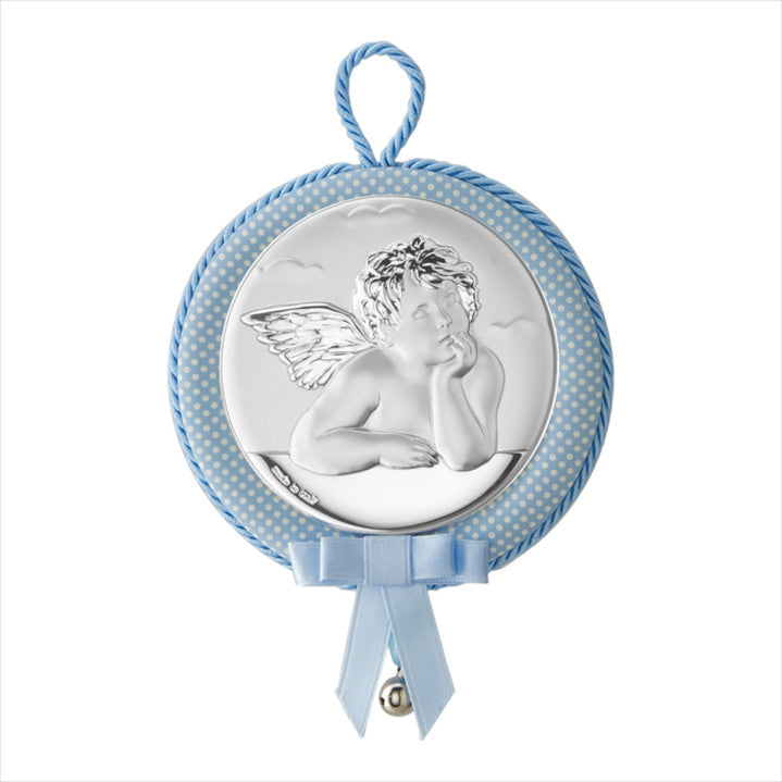 Silver Crib Medallion Angel Rafael with Bow and Bell