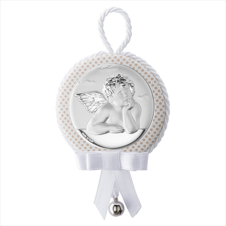 Silver Crib Medallion Angel Rafael with Bow and Bell