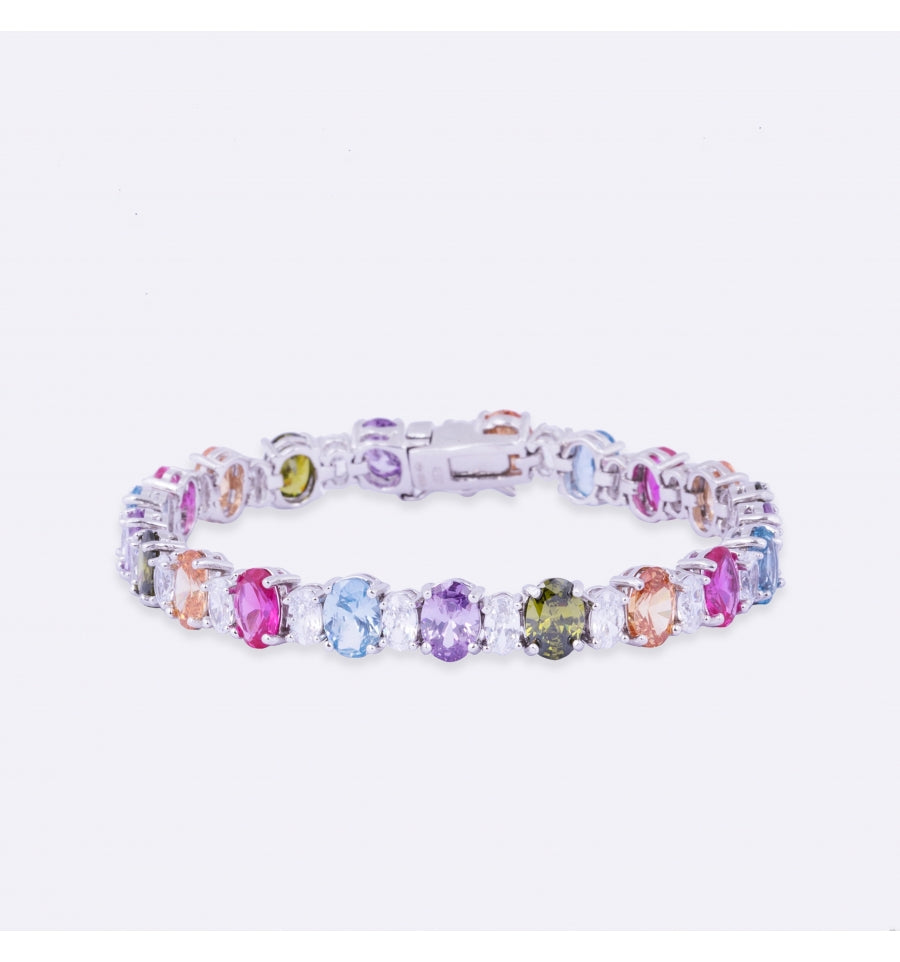 Silver Bracelet with Multicolor Oval Zirconia
