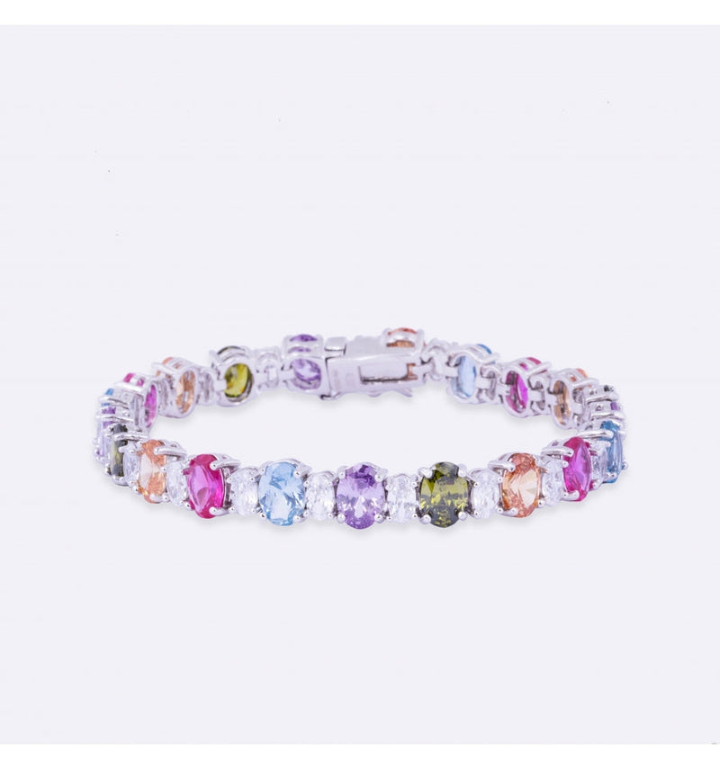 Pulsera Plata con Circonitas Ovaladas Multicolor