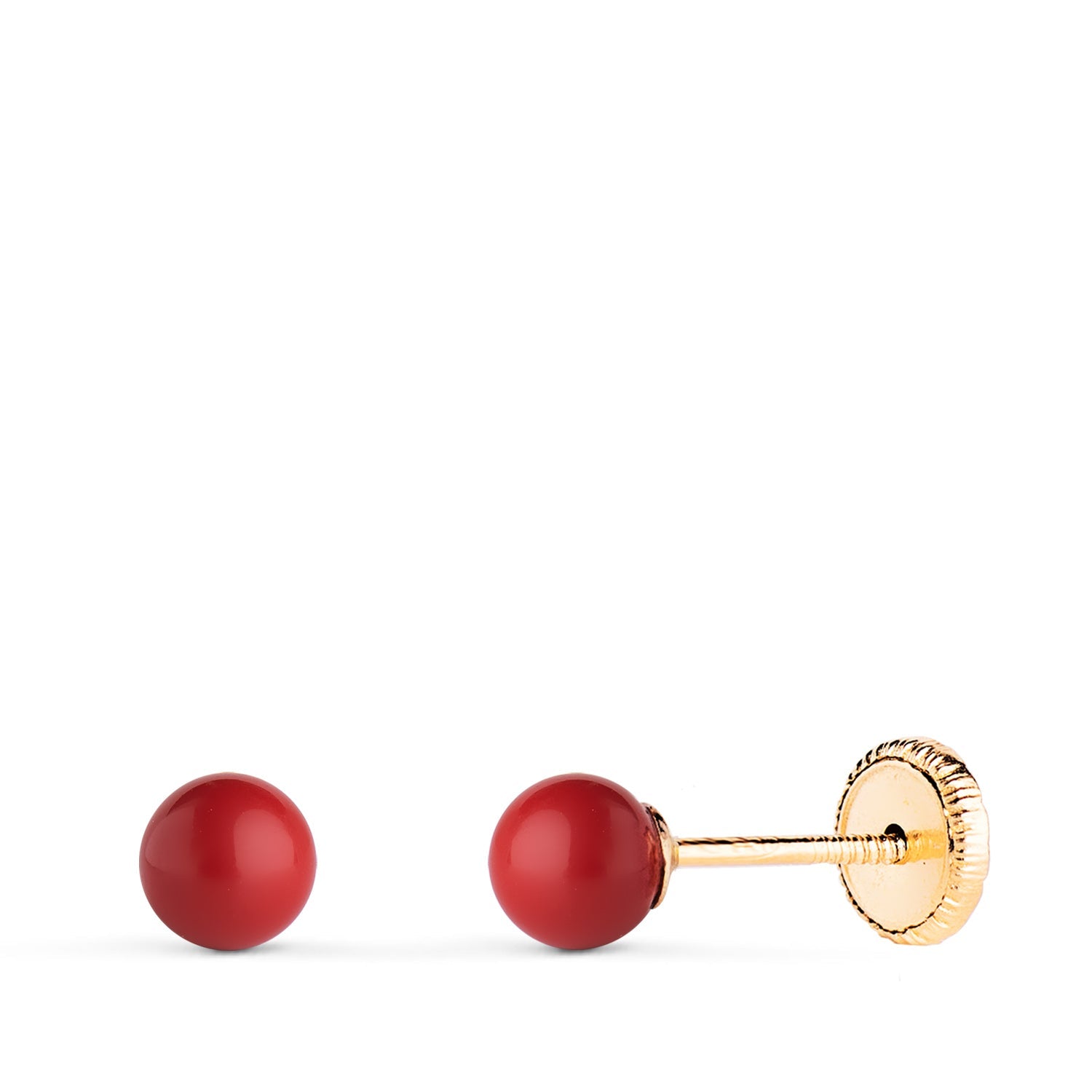 18K Yellow Gold Coral Earrings 4x4 Mm Nut