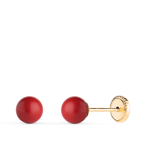 18K Yellow Gold Coral Earrings 4x4 Mm Nut