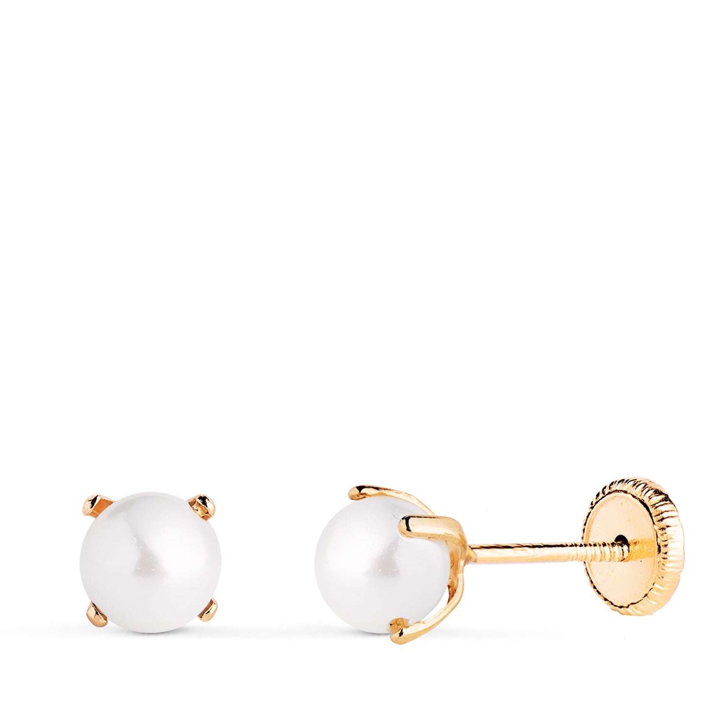 18K Yellow Gold Earrings 4 Prongs 4mm Pearl. Nut Closure