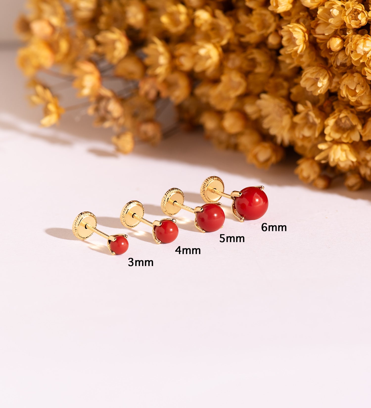 18K Yellow Gold Coral Earrings 4x4 Mm Nut