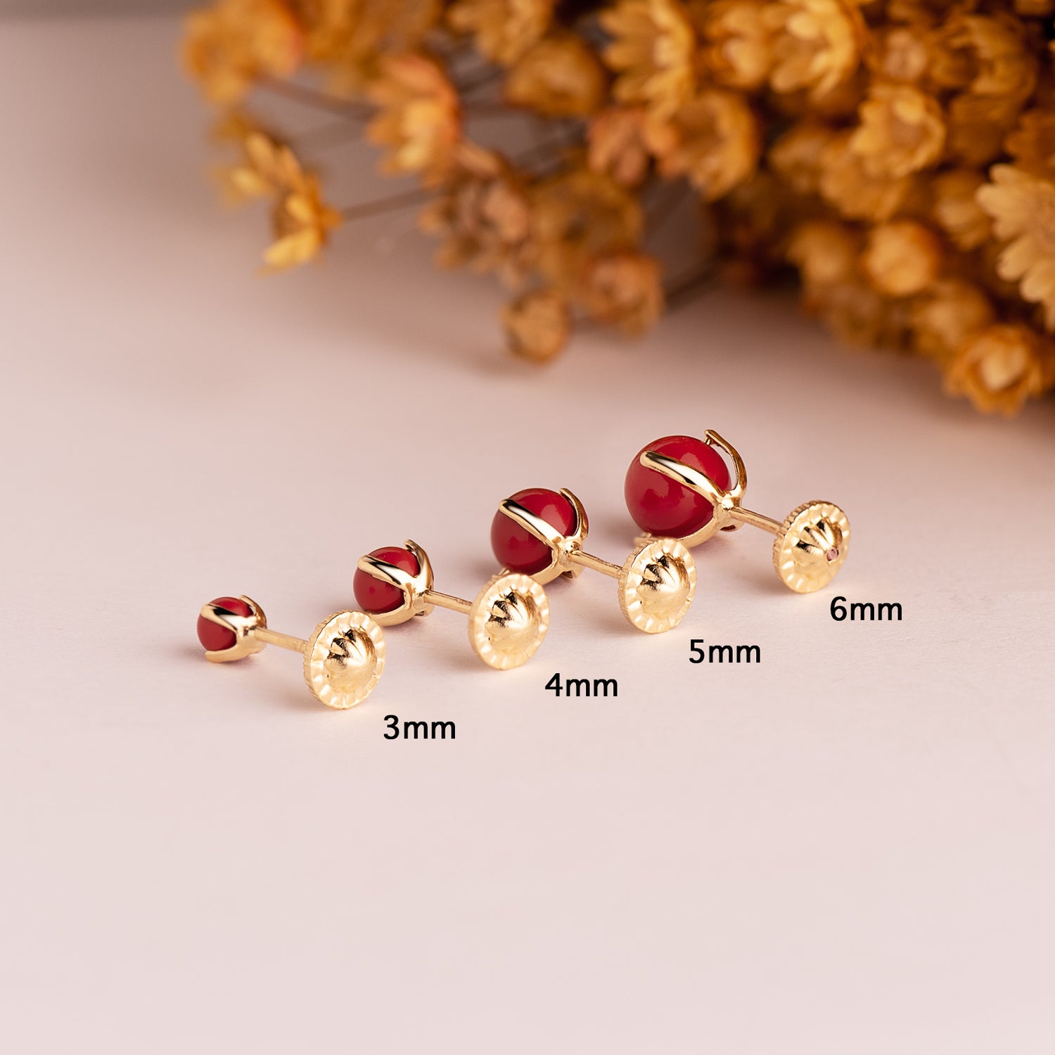 18K Yellow Gold Coral Earrings 4x4 Mm Nut