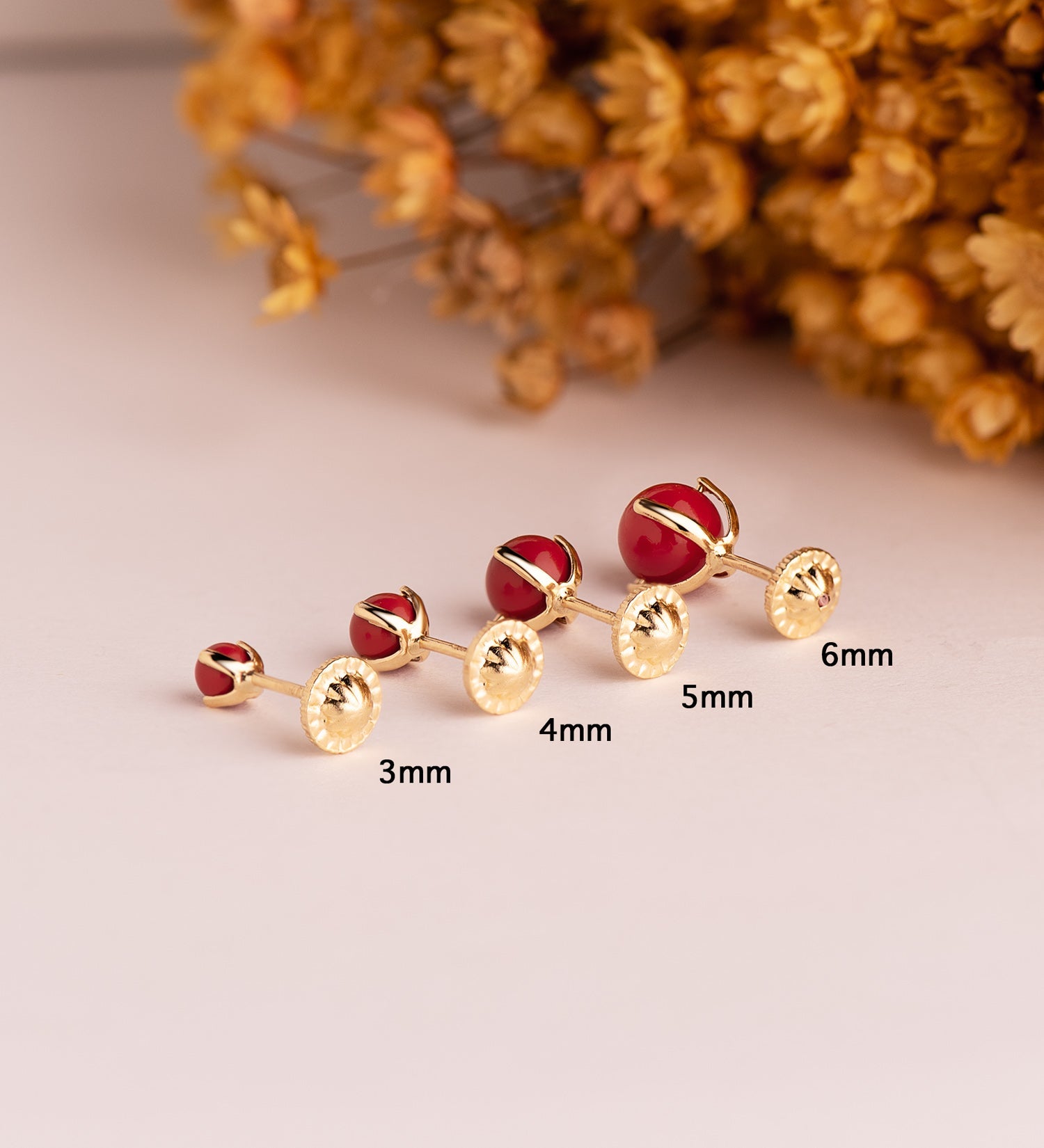 18K Yellow Gold Coral Earrings 4x4 Mm Nut