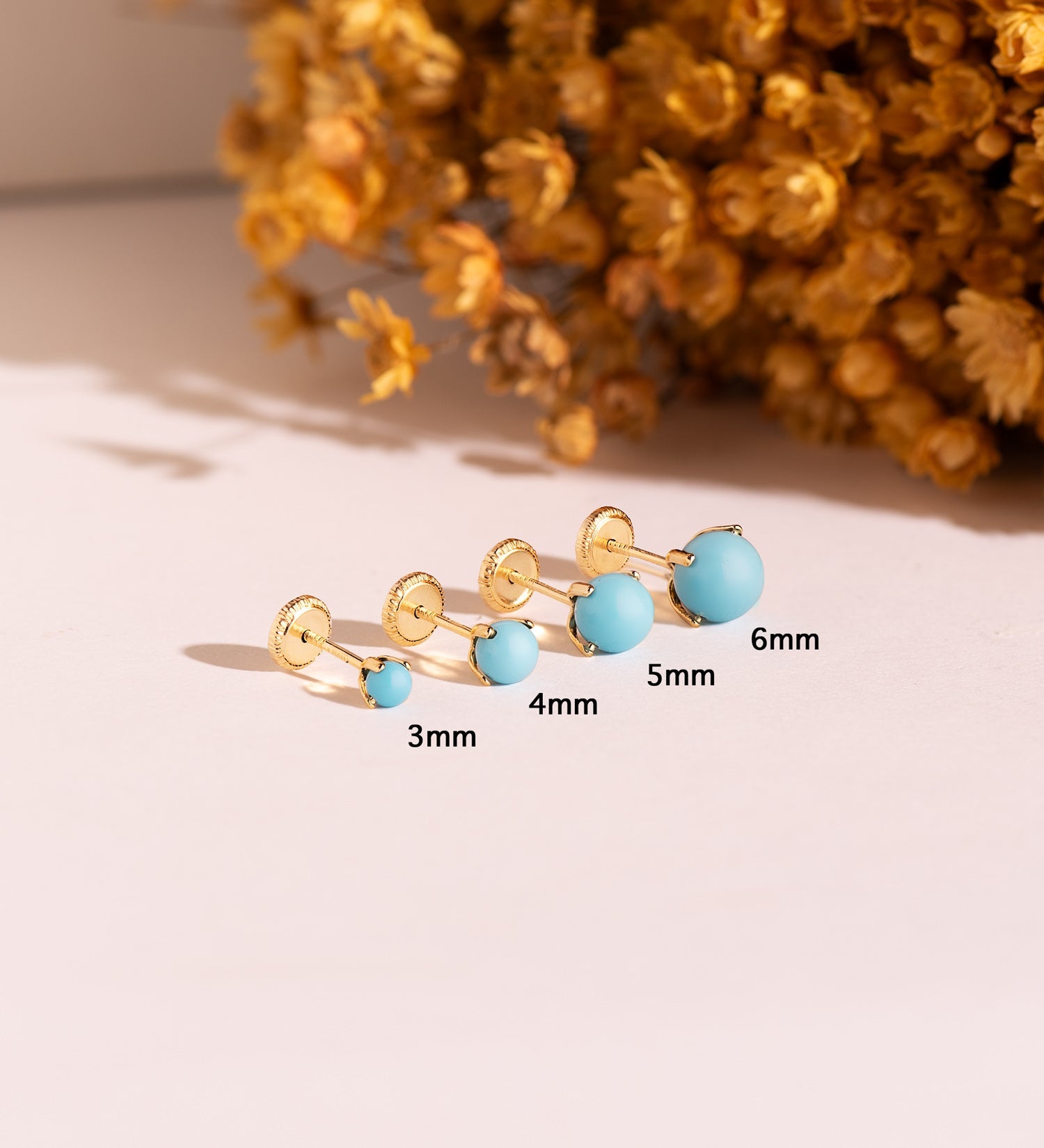 18K Yellow Gold Earrings 4 Prongs 3mm Turquoise. Nut Closure